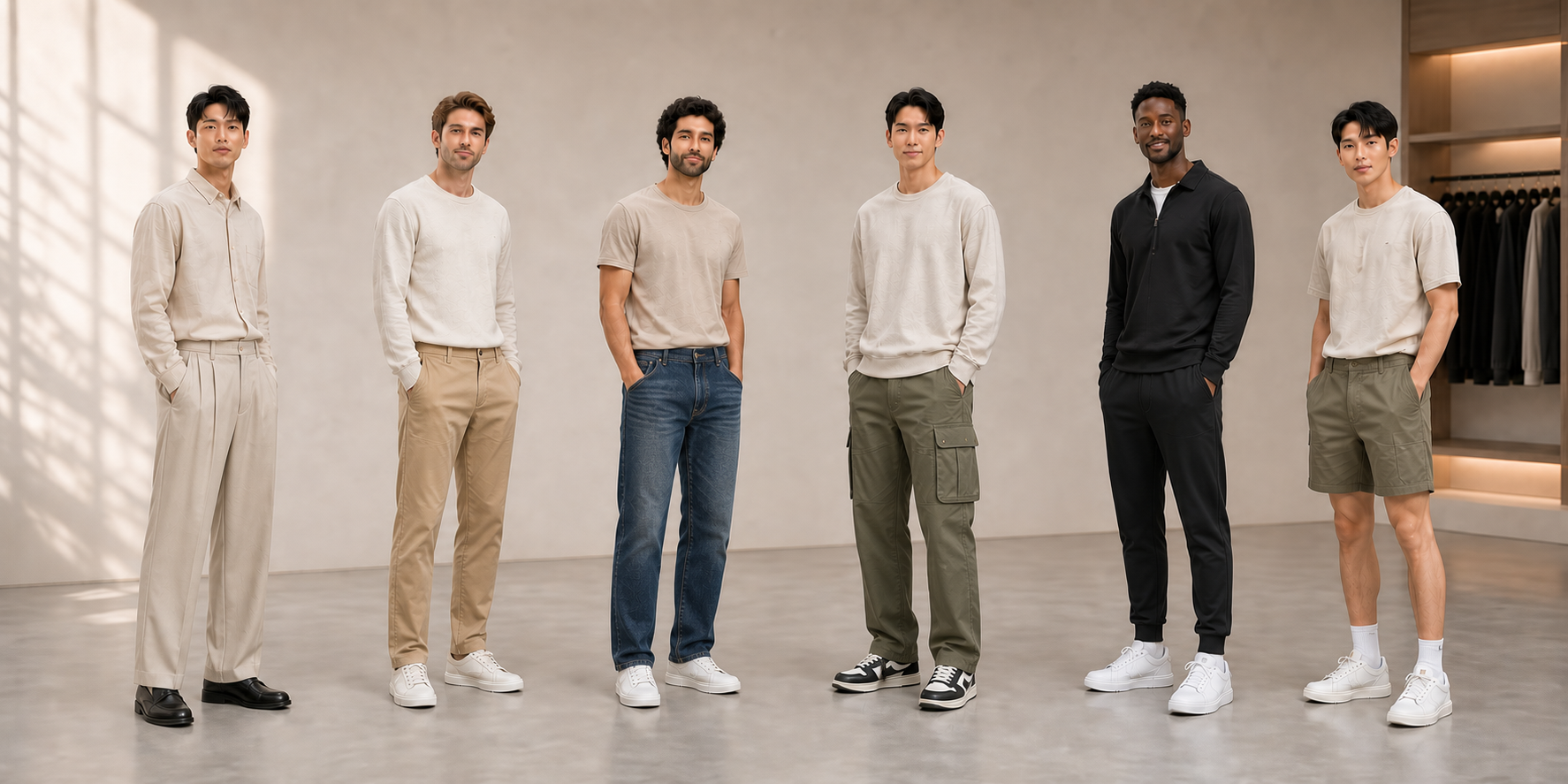 Six YLJ menswear models presenting Business, Casual, Denim, Cargo, Sports and Shorts categories